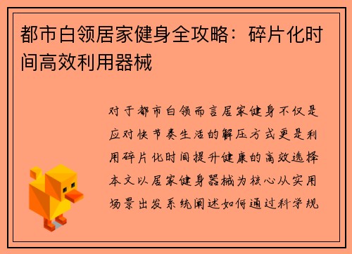 都市白领居家健身全攻略：碎片化时间高效利用器械