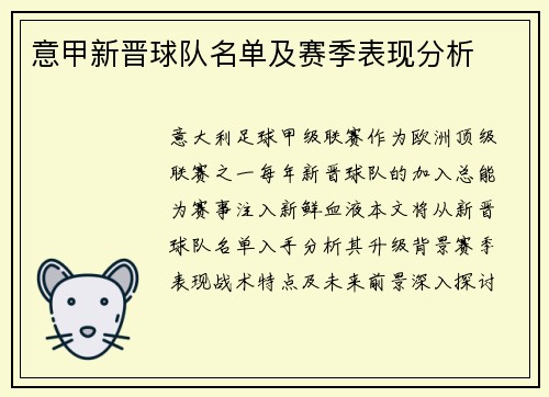 意甲新晋球队名单及赛季表现分析